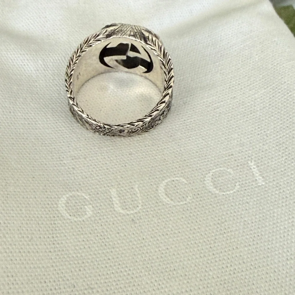 Gucci Interlocking G Arabesque Engraved Sterling Silver Ring Size 21 Ag 925